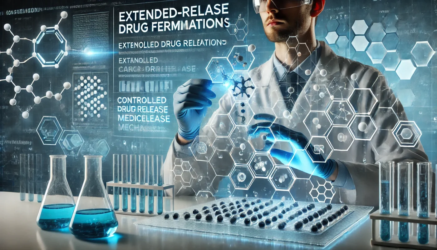 A high-tech pharmaceutical laboratory where scientists analyze extended-release drug formulations. A researcher in a lab coat examines molecular structures on a holographic display, surrounded by digital data on controlled drug release mechanisms.