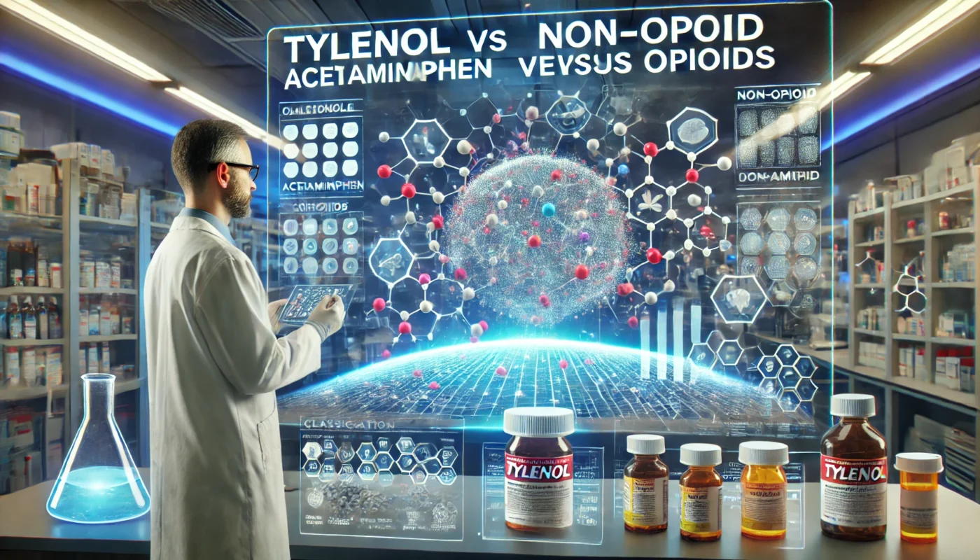 A high-tech pharmaceutical research laboratory where scientists analyze the classification of Tylenol (acetaminophen) versus opioids. A researcher in a lab coat examines molecular structures on a holographic display, surrounded by digital data comparing the chemical properties of opioid and non-opioid pain relievers.