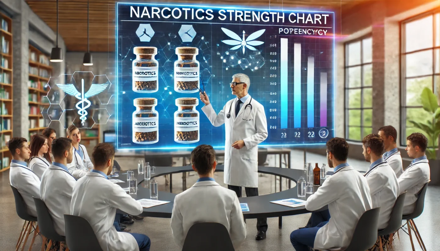 A doctor explains a narcotics strength chart to medical students in a modern medical training environment. A holographic display shows comparative potency levels of different opioid medications, symbolizing education in pain management and responsible prescribing.