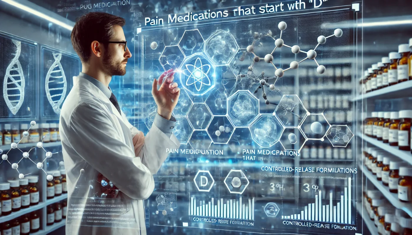 A high-tech pharmaceutical research laboratory where scientists analyze pain medications that start with D. A researcher in a lab coat examines molecular structures on a holographic display, surrounded by digital data on drug composition and controlled-release formulations. The background represents advancements in medical research and pain management.