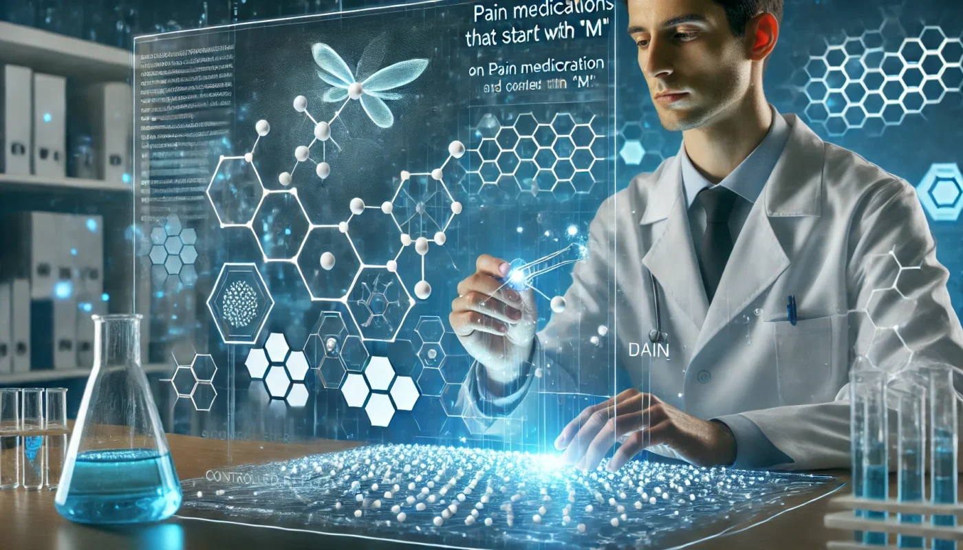 A high-tech pharmaceutical research laboratory where scientists analyze pain medications that start with M. A researcher in a lab coat examines molecular structures on a holographic display, surrounded by digital data on drug composition and controlled-release formulations. The background represents advancements in medical research and pain management.