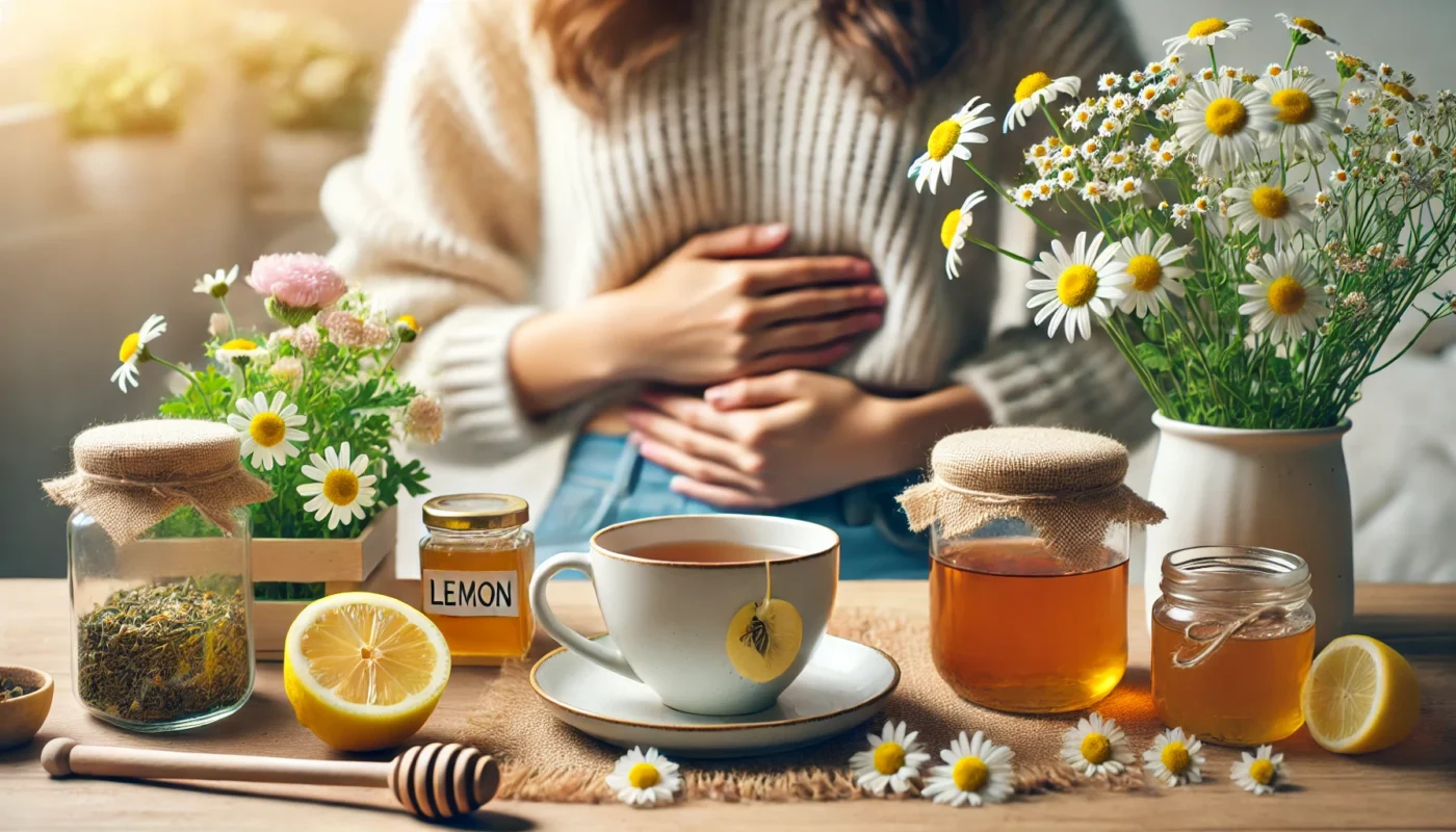 A person drinks a warm cup of herbal tea for stomach pain relief. The table is adorned with fresh chamomile flowers, lemon slices, and a jar of honey. The background has soft, natural lighting, symbolizing comfort and natural digestive healing.