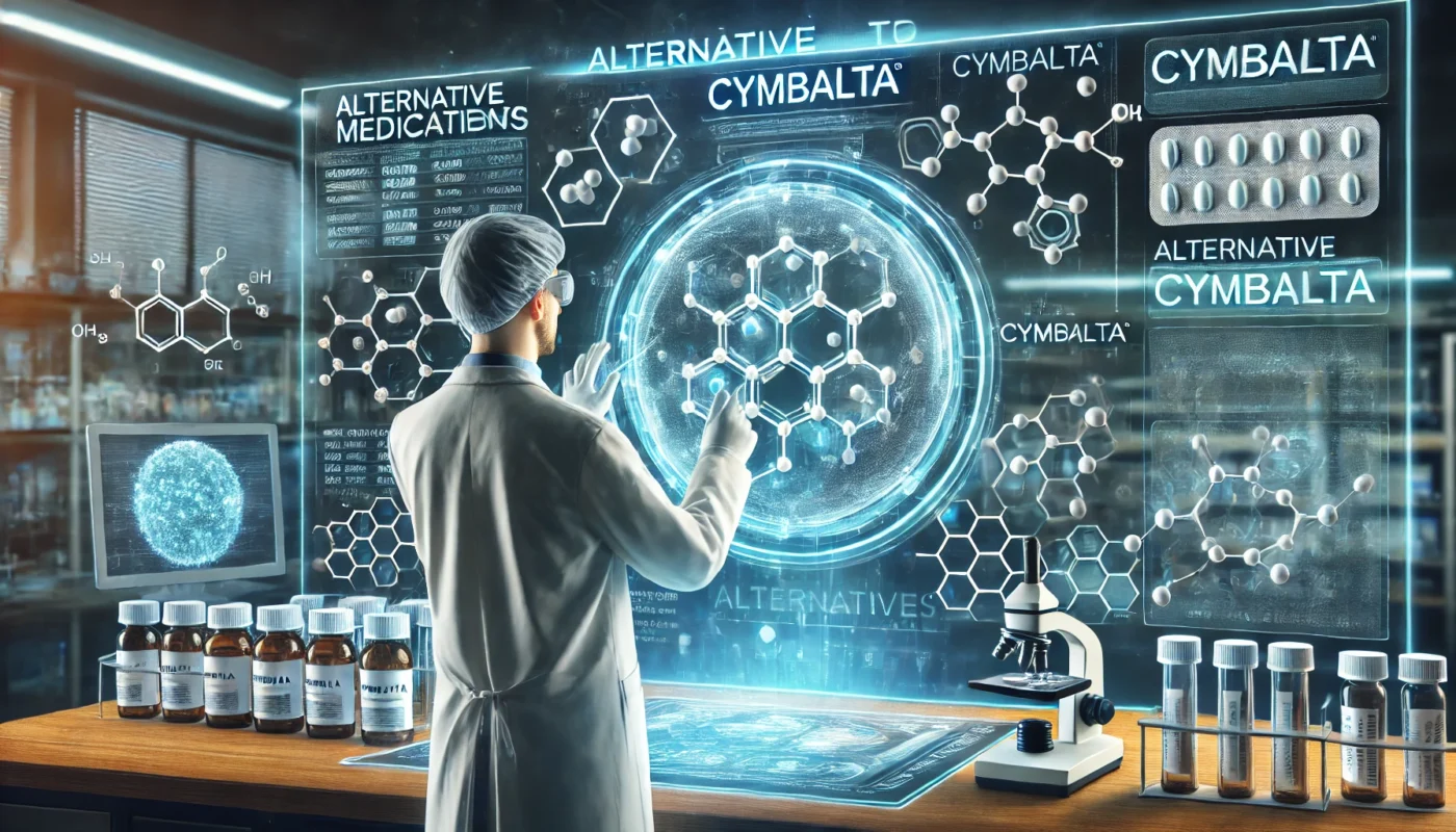 A pharmaceutical research laboratory where scientists are analyzing alternative medications to Cymbalta. A researcher in a lab coat examines molecular structures on a holographic display, surrounded by digital data on drug compositions and effectiveness. The setting represents advancements in pharmaceutical innovation and alternative treatments.