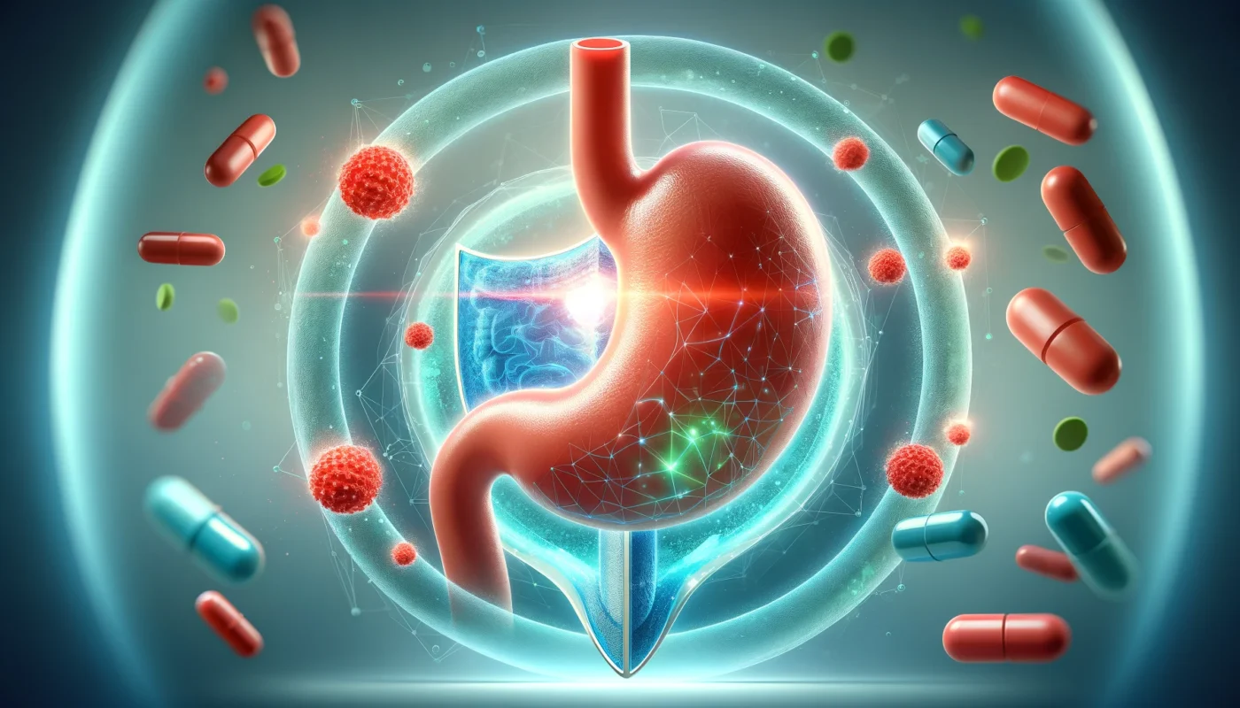 A conceptual depiction of safe NSAID use, showcasing a stomach with a protective energy barrier blocking harmful red particles. The background subtly includes pill elements, emphasizing NSAID consumption with a soothing color palette.