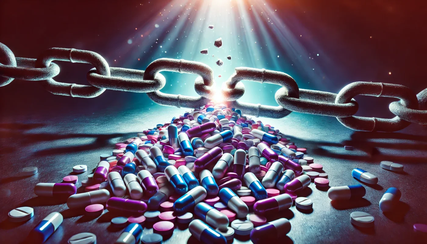 A broken chain made of prescription pills, symbolizing both addiction and the effort to break free from opioid dependence. The dark background with a glowing highlight at the breaking point represents the contrast between entrapment and hope.