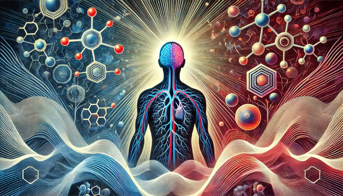 A human silhouette with glowing nerve pathways, symbolizing Suzetrigine’s risks. Contrasting waves surround the figure, representing conflicting drug reactions, with molecular structures reinforcing the pharmaceutical theme.