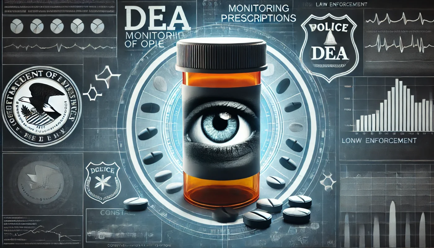 A prescription pill bottle with an embedded eye symbol, representing constant DEA oversight of opiate prescriptions. The background includes medical charts and law enforcement visuals, illustrating regulatory scrutiny.