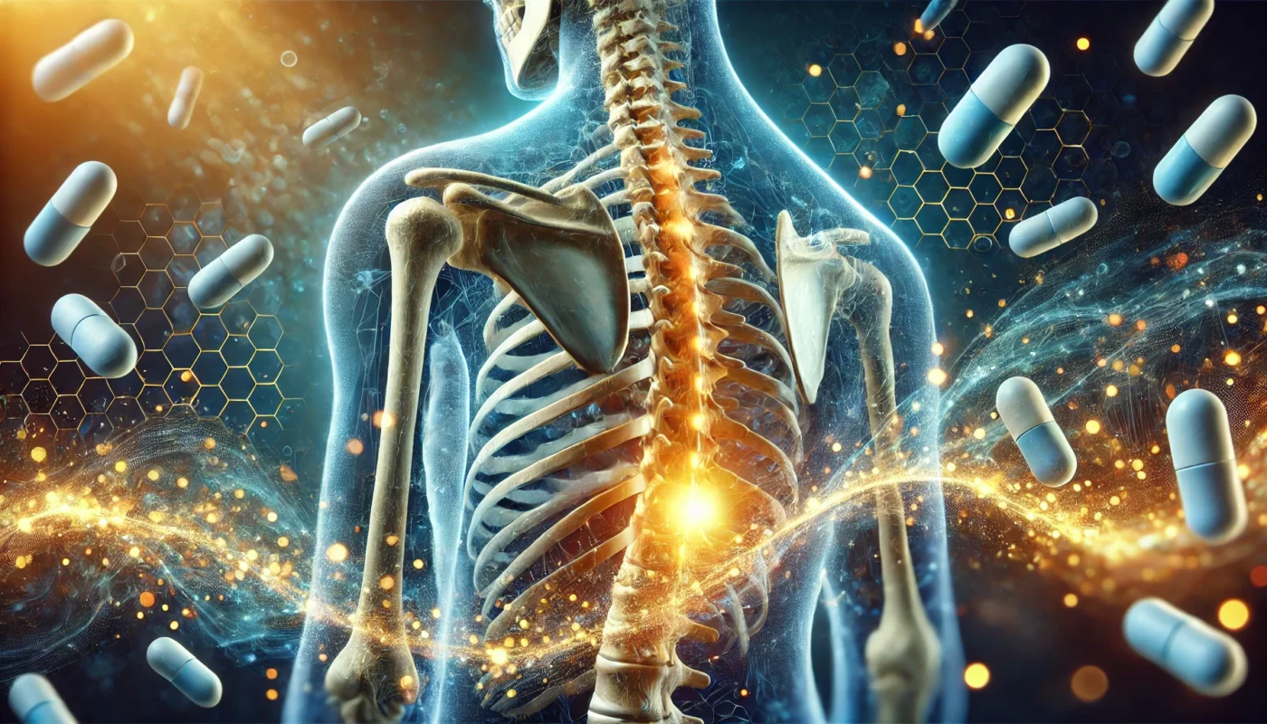 A human spine with targeted glowing points along the vertebrae, symbolizing relief from bone pain. Abstract pill-like forms dissolve into waves of light, illustrating the effects of pain medication, with a futuristic medical background.