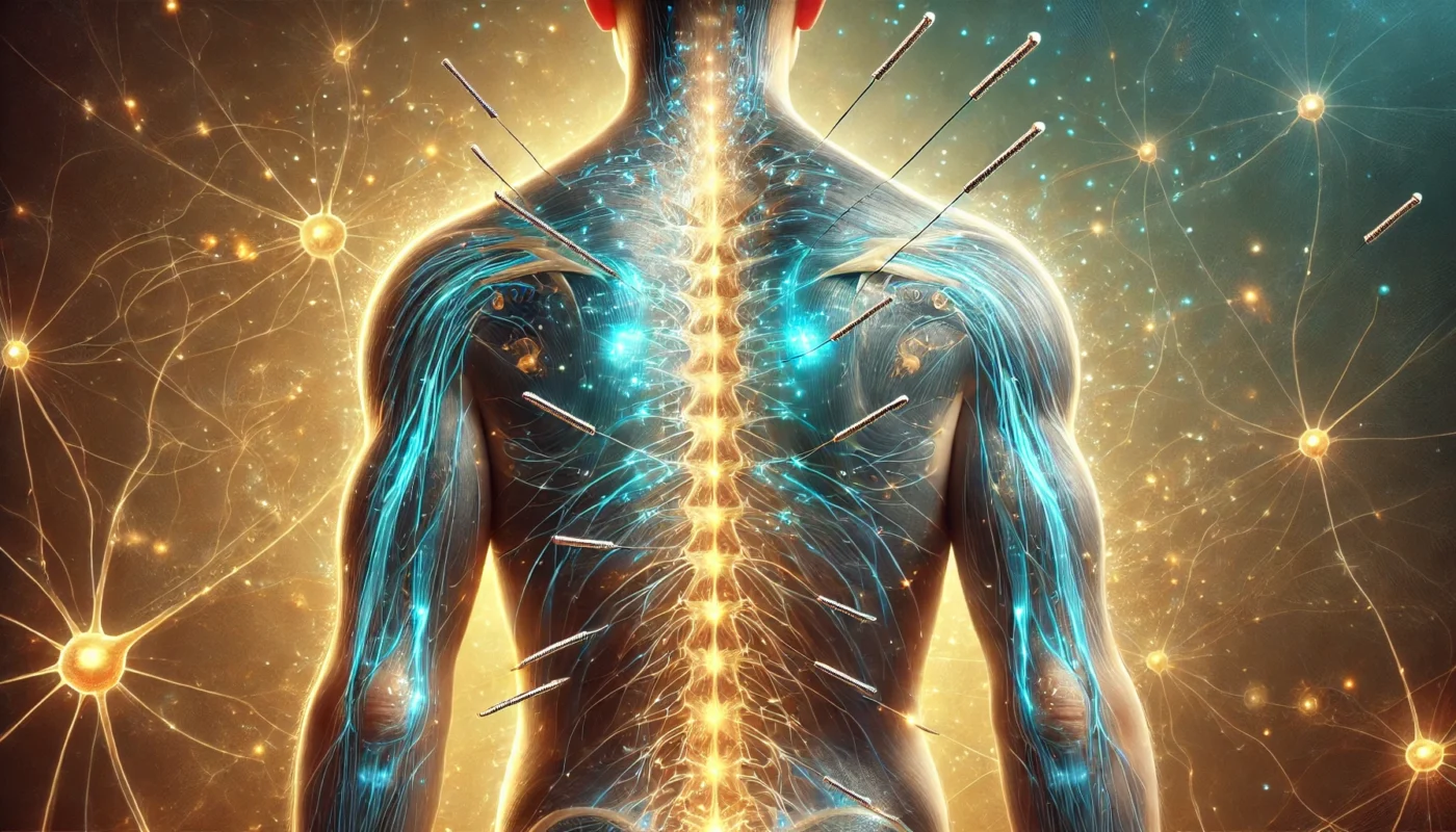 A human back with acupuncture needles along the spine, with glowing energy waves radiating from each point. Subtle neural connections in the background illustrate the stimulation of nerve pathways, with calming blue and golden hues for a sense of relief.