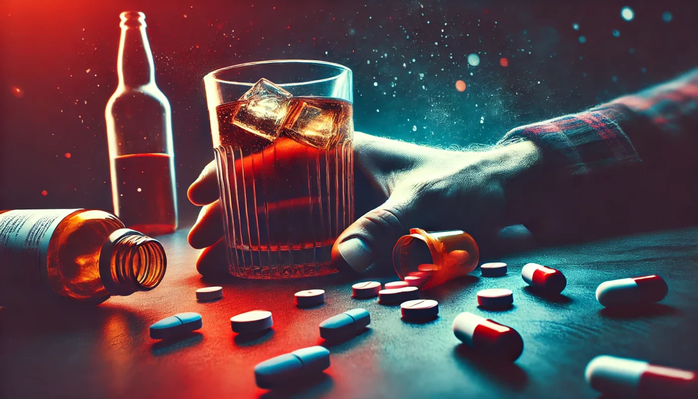 A hand holding a glass of alcohol with prescription pills spilling nearby, symbolizing the risks of mixing alcohol and pain medication. The dark background and moody lighting emphasize caution and danger.