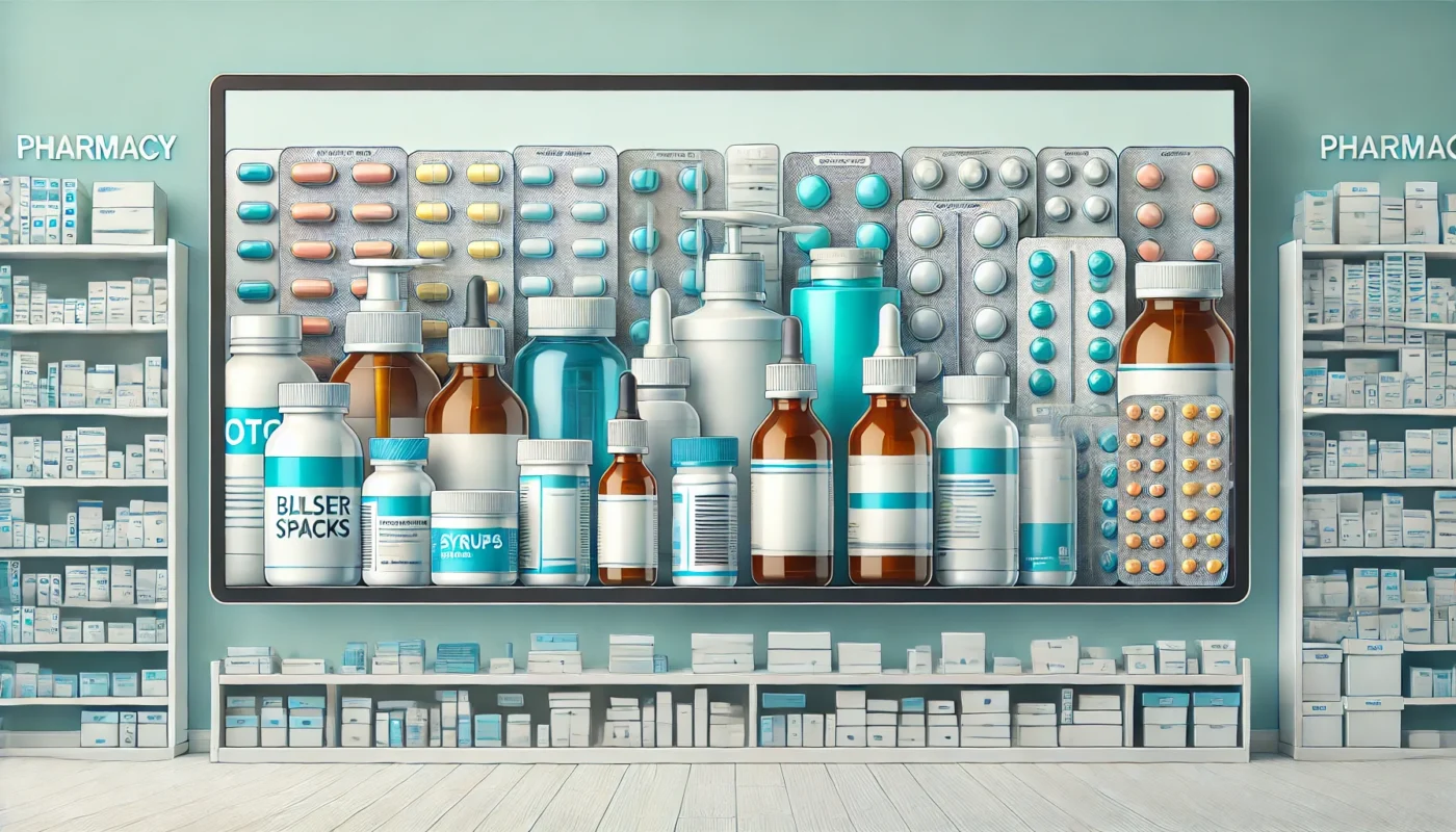 A neatly arranged collection of over-the-counter (OTC) medications, including pill bottles, blister packs, syrups, and ointments, displayed on a pharmacy counter. The bright and professional setting highlights safe and informed medication use.