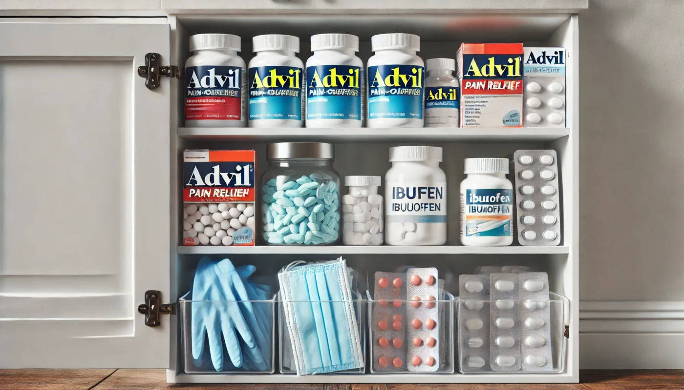 A home medicine cabinet with a neatly organized selection of over-the-counter pain relief medications, including Advil and ibuprofen. The image represents a clean and safe home environment where medications are stored properly, reinforcing responsible medication choices.