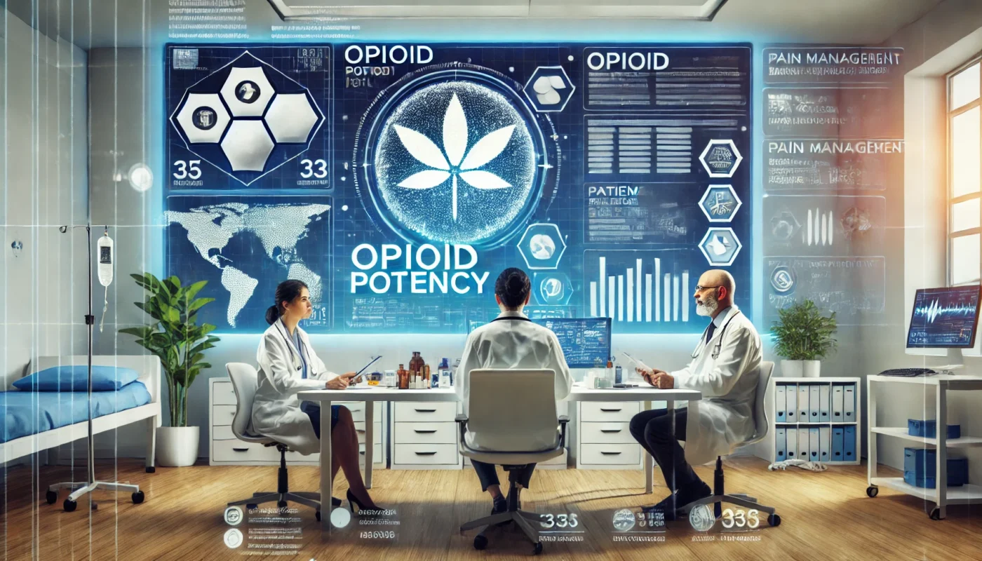 A modern hospital setting where doctors are discussing opioid potency with medical charts and digital interfaces.