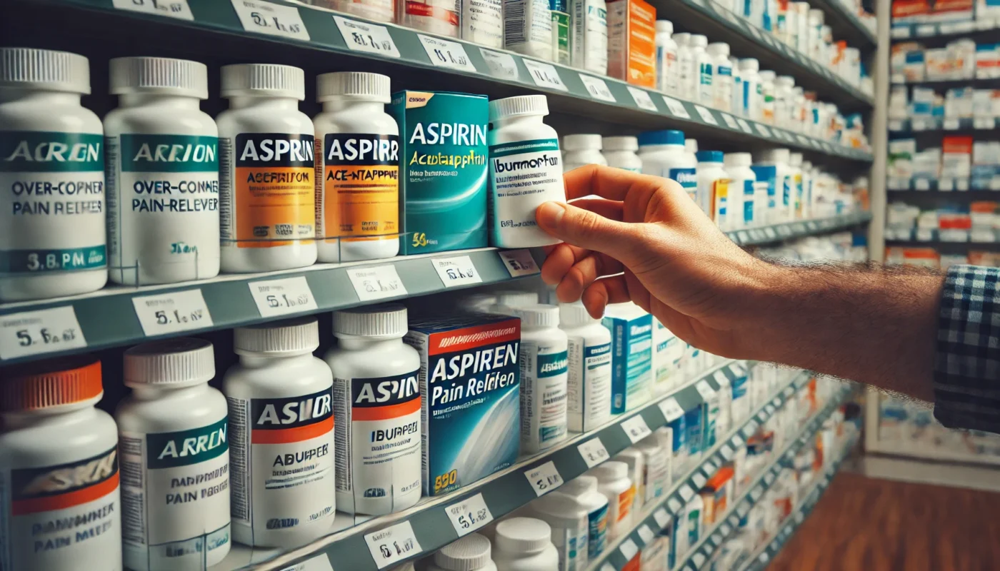 A close-up of a person’s hand selecting between aspirin, acetaminophen, and ibuprofen bottles on a neatly arranged pharmacy shelf.