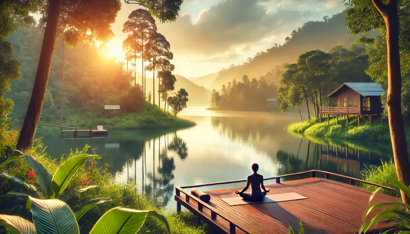 peaceful natural landscape with a person practicing yoga on a wooden deck overlooking a calm lake, symbolizing long-term pain relief through mindfulness and relaxation. The scene is surrounded by lush greenery and soft sunrise light, creating a tranquil and healing atmosphere." Let me know if you need more images!