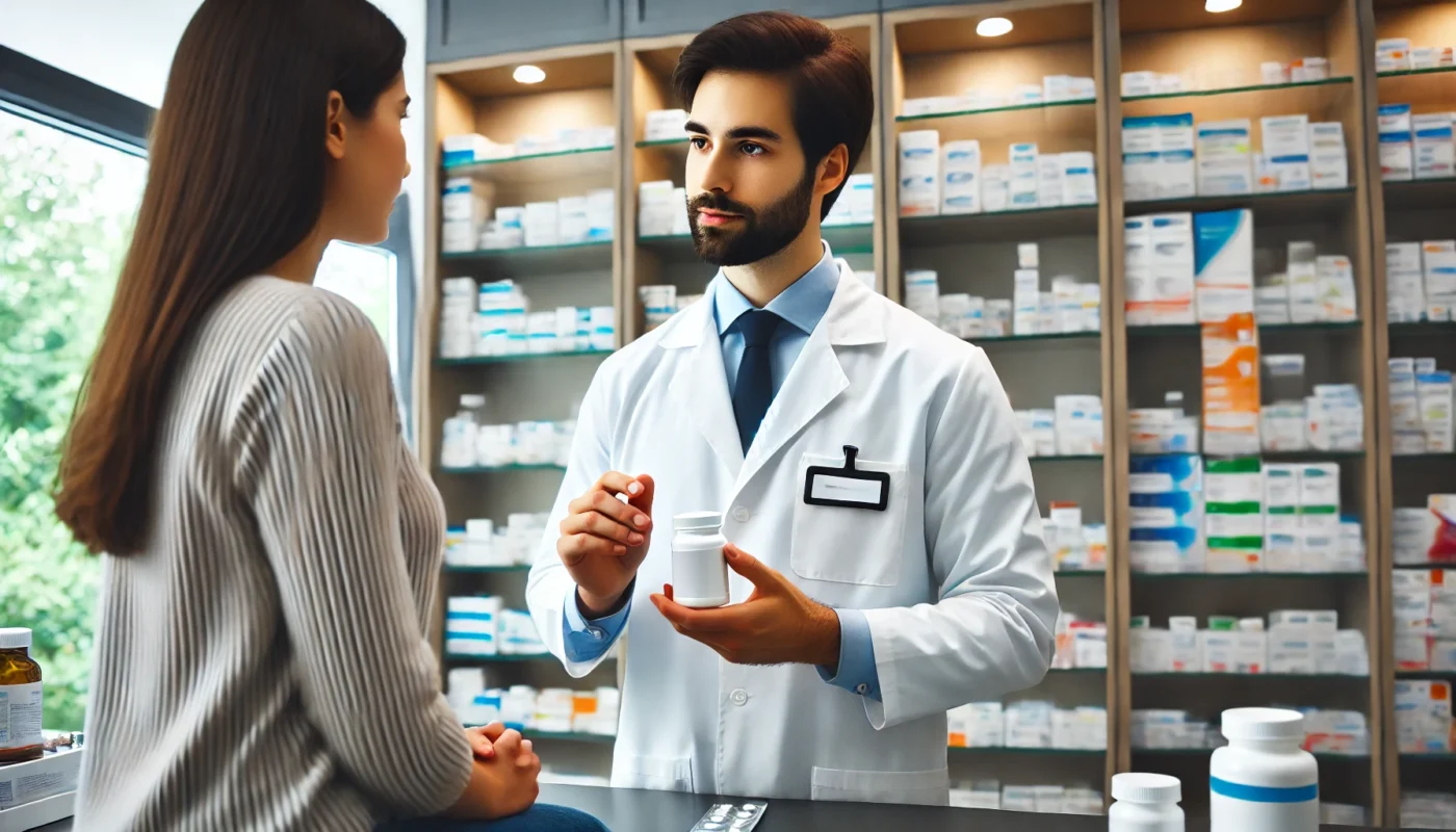 A modern pharmacy setting where a pharmacist is carefully explaining medication safety to a patient. The pharmacist holds a prescription bottle while the patient listens attentively. The background features organized shelves with various medications, emphasizing a professional healthcare environment.