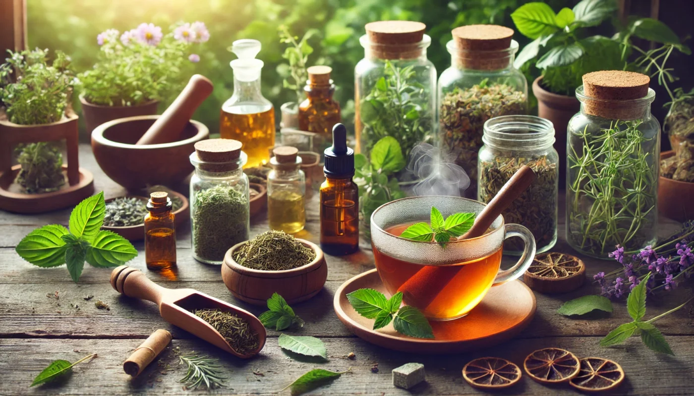 A peaceful wellness setup featuring various herbal remedies as natural alternatives to Tylenol. The image showcases an array of fresh and dried medicinal herbs in glass jars, a steaming cup of herbal tea, essential oil bottles, and a wooden mortar and pestle filled with crushed leaves. The setting is illuminated with soft, natural lighting, and green plants in the background create a calming, holistic health ambiance.