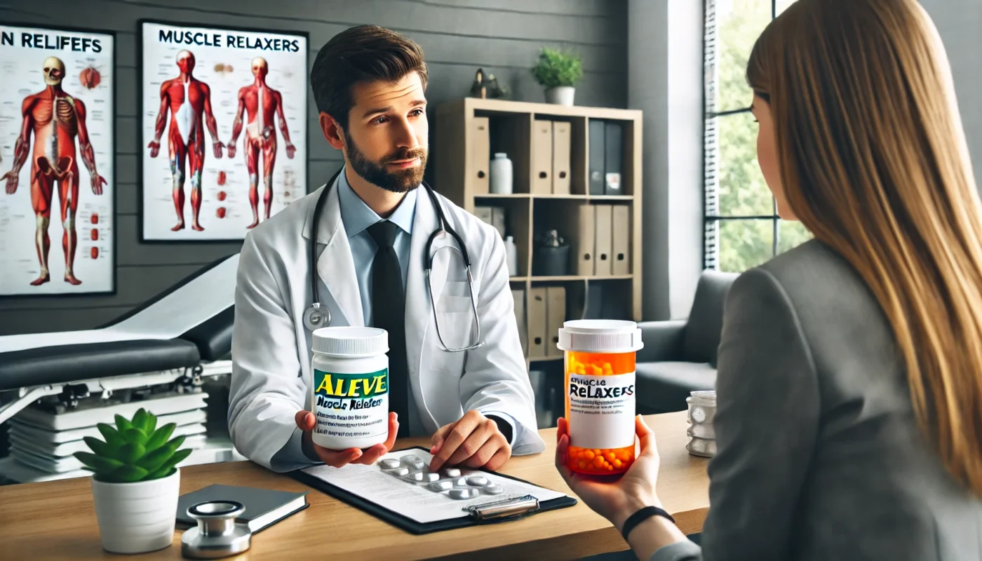 A modern medical consultation room where a doctor is discussing pain relief options with a patient. The doctor is holding two different pill bottles, symbolizing the comparison between Aleve and muscle relaxers. The setting is professional and well-lit, featuring medical posters and equipment in the background.