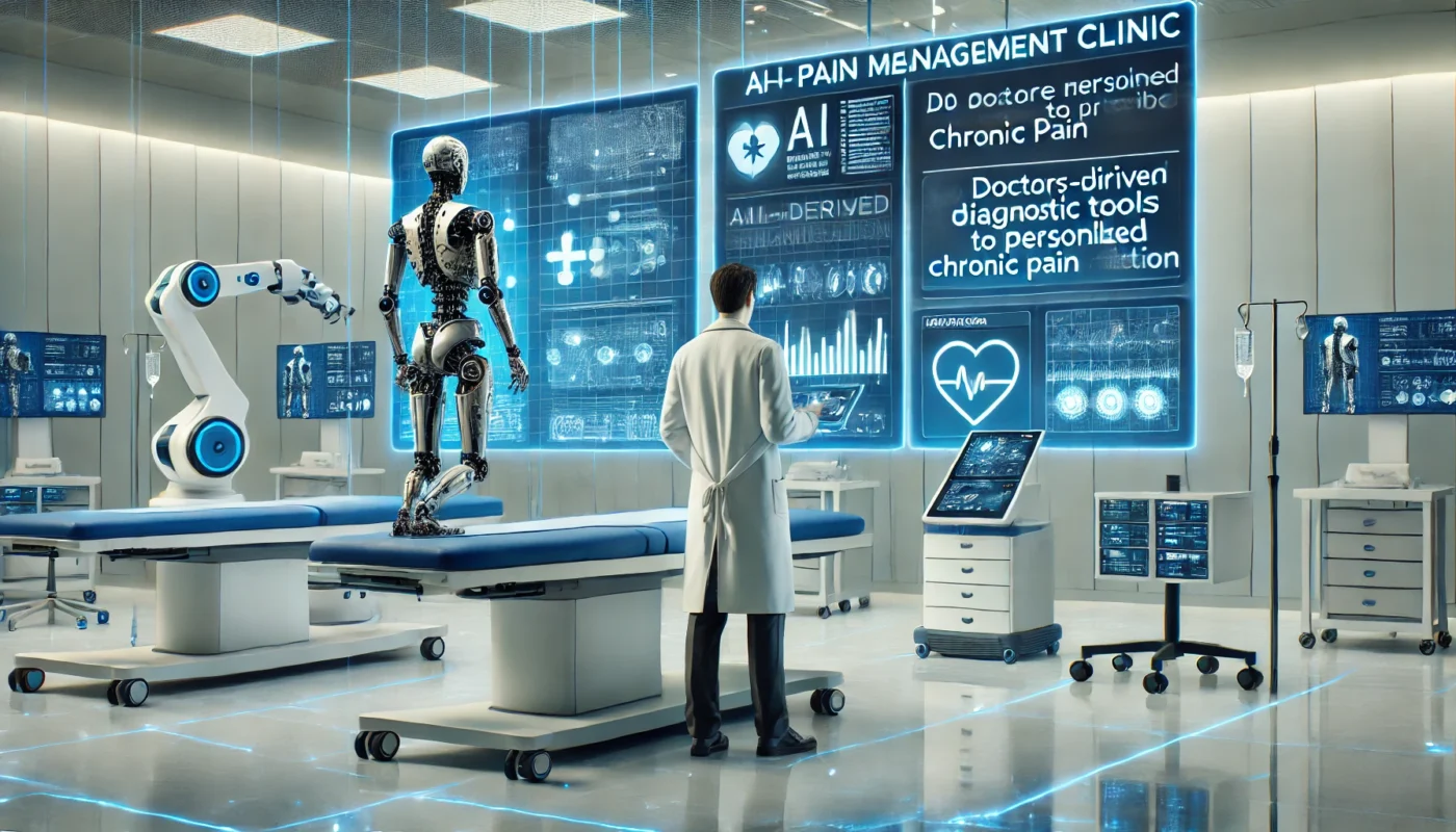 A high-tech pain management clinic where doctors use AI-driven diagnostic tools to prescribe personalized chronic pain medication, incorporating futuristic medical screens, robotic-assisted treatment, and a sleek, modern design.