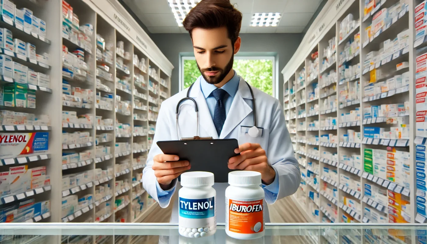 A modern pharmacy setting where a pharmacist is carefully selecting between two different pill bottles, representing Tylenol and Ibuprofen, from a well-organized medicine shelf. The pharmacy is brightly lit, with neatly arranged medications in the background, conveying a professional and informative atmosphere.