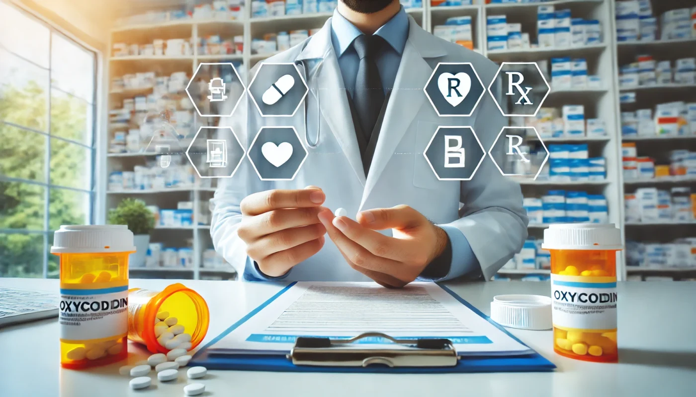 A modern pharmacy setting where a pharmacist is carefully handling prescription pain medications, representing the safe use of oxycodone and Vicodin. The scene is bright and professional, with well-organized shelves of medications in the background.