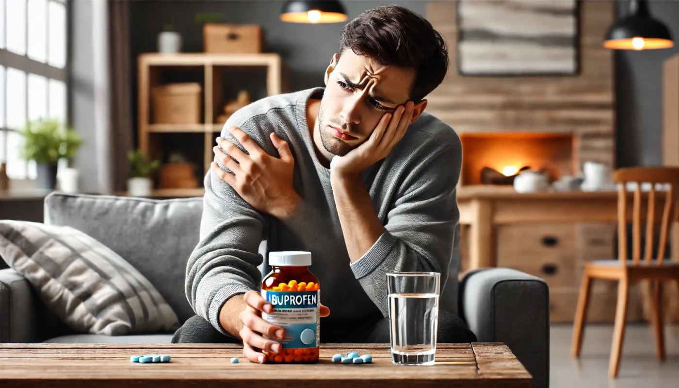 A person sitting on a couch holding a bottle of ibuprofen with a puzzled expression, looking at the bottle. The setting is a cozy, well-lit living room with a coffee table in front. A glass of water is placed on the table, symbolizing an attempt at pain relief that may not be effective.