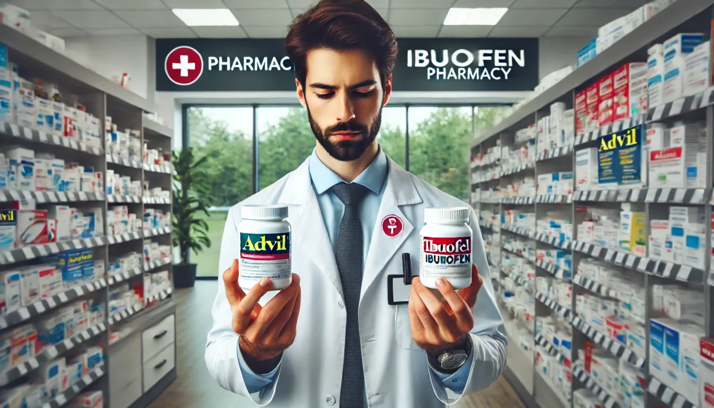  professional pharmacist in a modern pharmacy carefully comparing two bottles of pain relief medication, symbolizing the differences between Advil and Ibuprofen. The background features a well-organized pharmacy shelf with various over-the-counter medicines. 