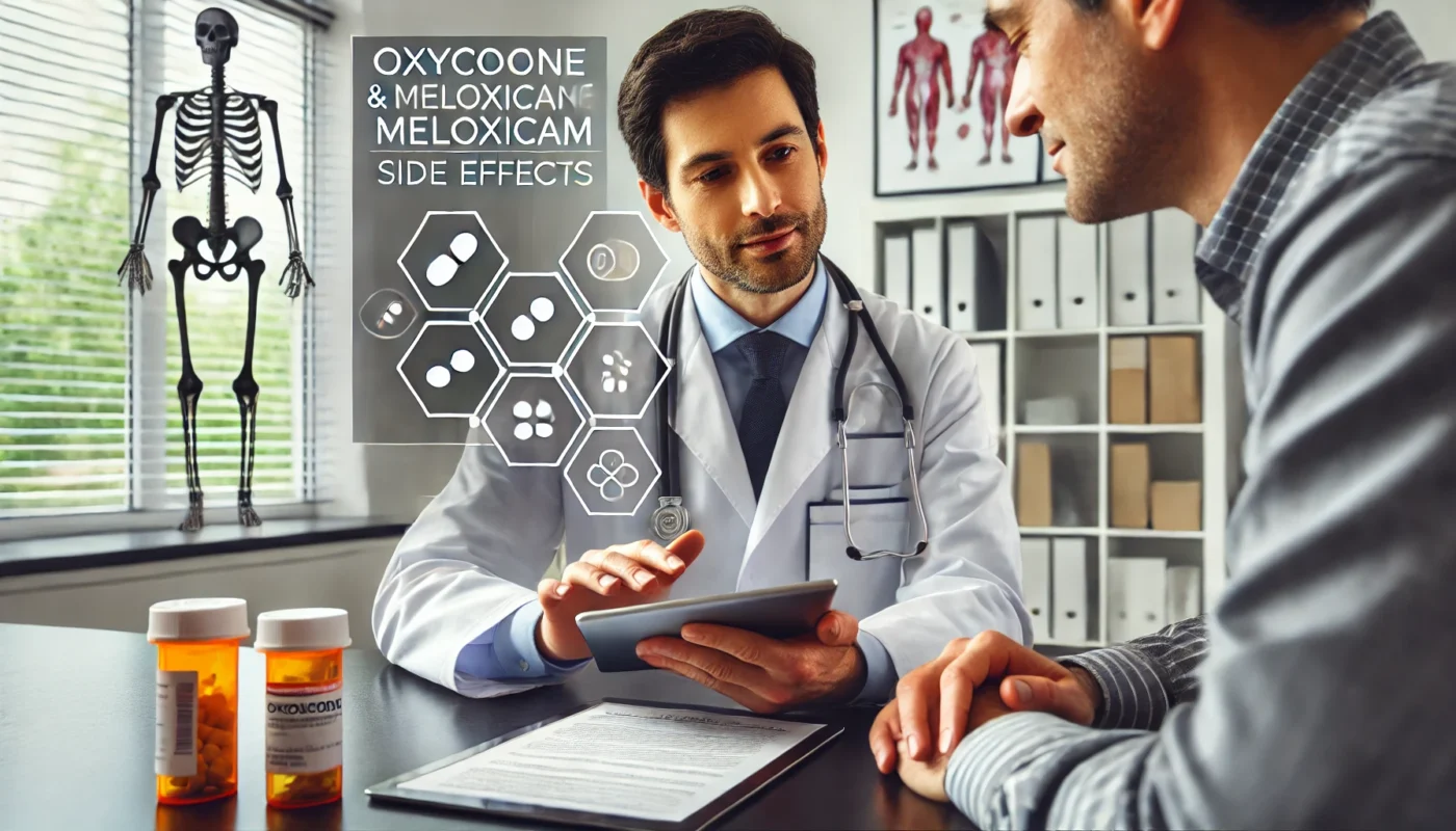 "A professional doctor consulting with a patient in a modern medical office about oxycodone and meloxicam interactions. The doctor is using a digital tablet to explain possible side effects and precautions. The setting is clean and well-lit, with medical charts visible in the background."