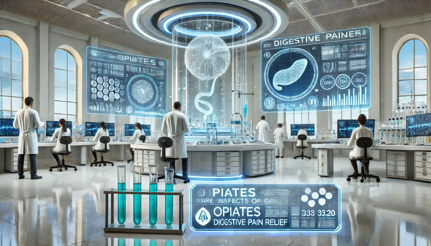 A futuristic medical research laboratory where scientists analyze the effects of opiates on digestive pain relief. The high-tech setting features advanced equipment, digital screens displaying medical data, and researchers in lab coats conducting experiments.