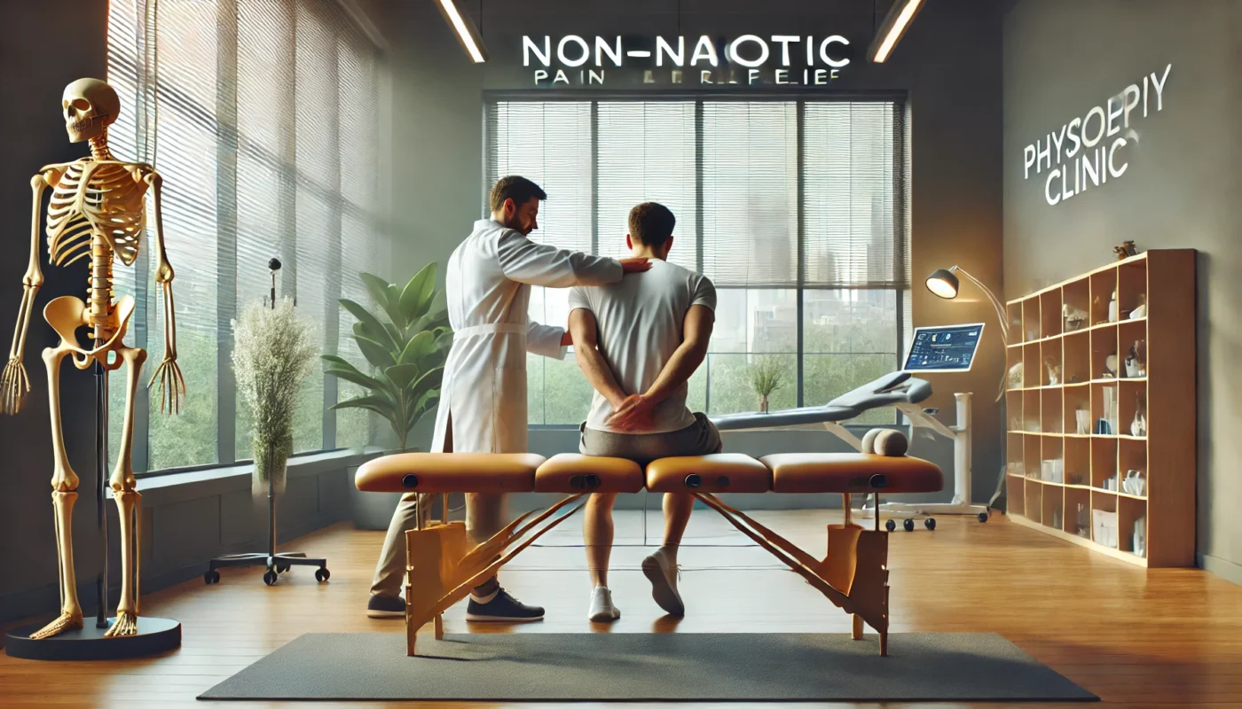 "A modern physiotherapy clinic where a therapist is assisting a patient with non-narcotic pain relief techniques, such as guided stretching and massage therapy. The environment is clean, well-lit, and calming, emphasizing a professional healthcare setting."