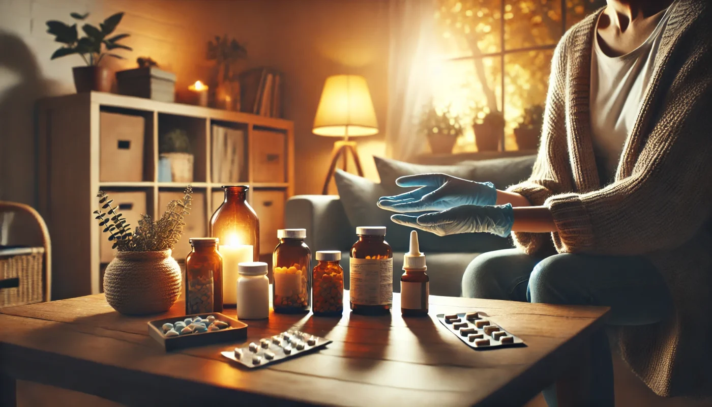 A peaceful home environment where a person is carefully organizing different medication bottles on a table, symbolizing effective pain management. The setting is warm and inviting, with soft lighting and a cozy atmosphere.