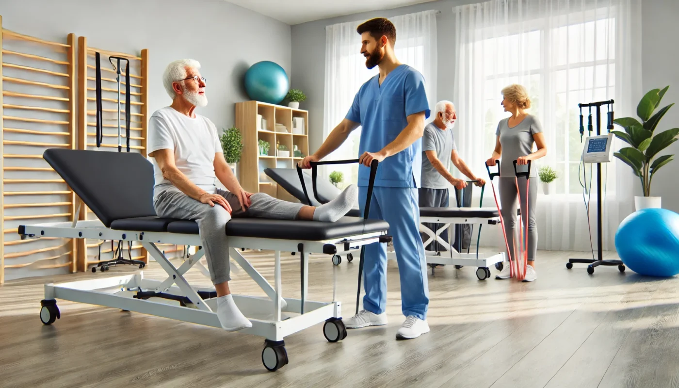 The room is equipped with therapy beds, mobility aids, and resistance bands, emphasizing safe and effective pain relief techniques.