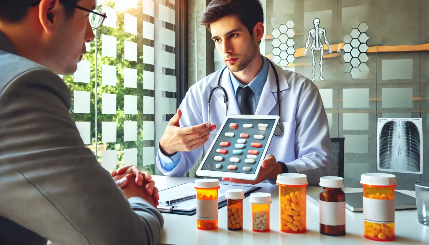  "A doctor in a modern medical consultation room explaining the duration and effects of painkillers to a patient using a tablet."