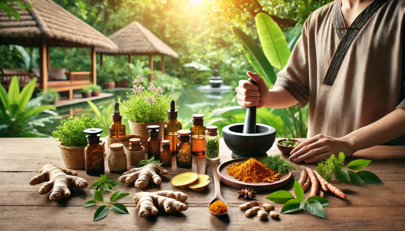 A tranquil wellness retreat featuring various natural NSAID alternatives. A wooden table is adorned with fresh herbs, turmeric roots, ginger, and bottles of herbal extracts. A person is carefully preparing a natural remedy using a mortar and pestle. The background showcases a serene outdoor garden with soft sunlight filtering through green foliage, creating a peaceful and holistic atmosphere.