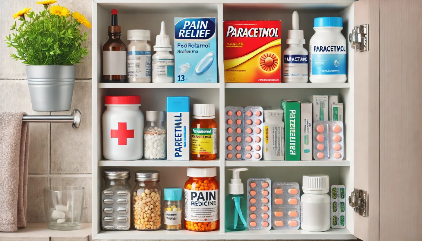 A well-organized home medicine cabinet featuring a neatly arranged selection of pain relief medications, including paracetamol, in a bright and clean environment.