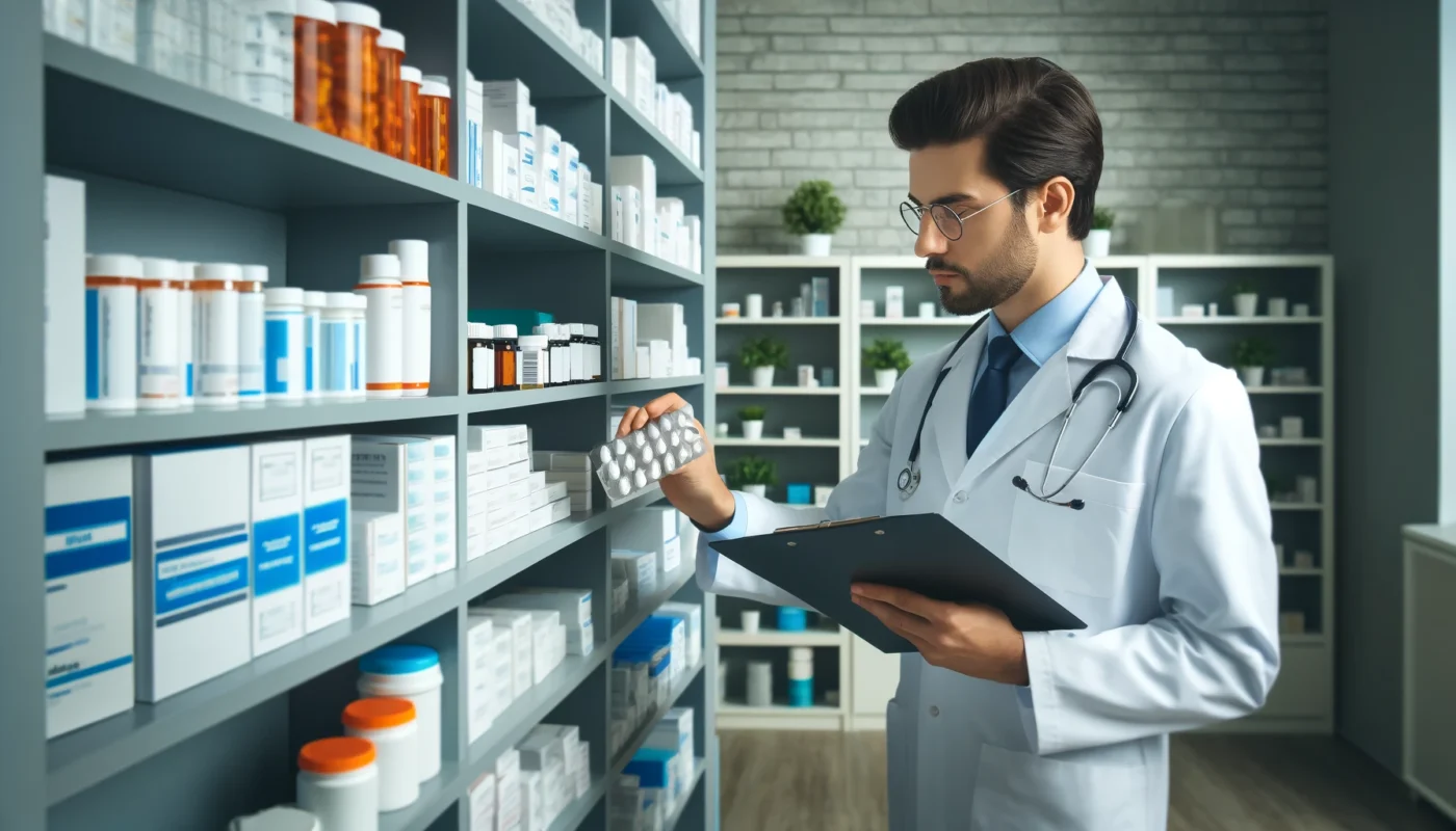 A professional healthcare setting with a pharmacist organizing various prescription medications on shelves, representing a comprehensive list of common narcotic medications.