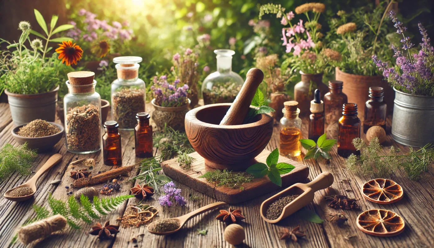 "A tranquil herbal medicine preparation scene with various natural pain-relief remedies, including dried herbs, essential oils, and traditional botanical extracts, arranged in a peaceful setting."