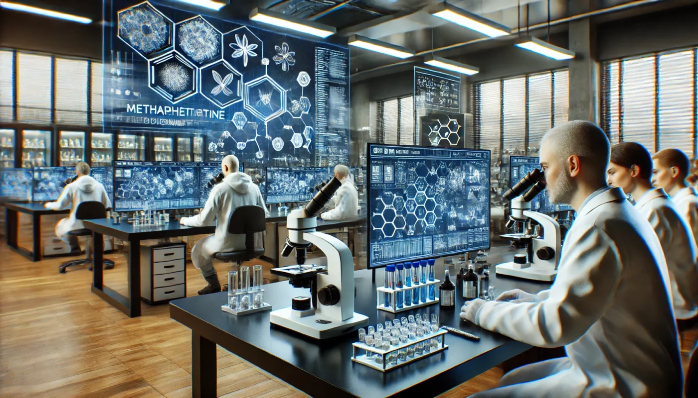 "A high-tech forensic laboratory where scientists analyze methamphetamine and opioids under microscopes. The room is well-lit with modern equipment, and chemical structures are displayed on computer screens. Scientists in lab coats carefully examine drug samples."