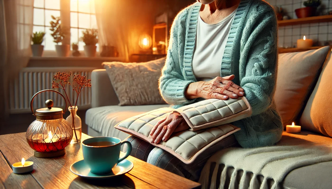 "A peaceful living room where an elderly person is using a heating pad on their joints to relieve arthritis pain. The environment is cozy with warm lighting, a soft couch, and a cup of tea on the table, symbolizing comfort and pain management."