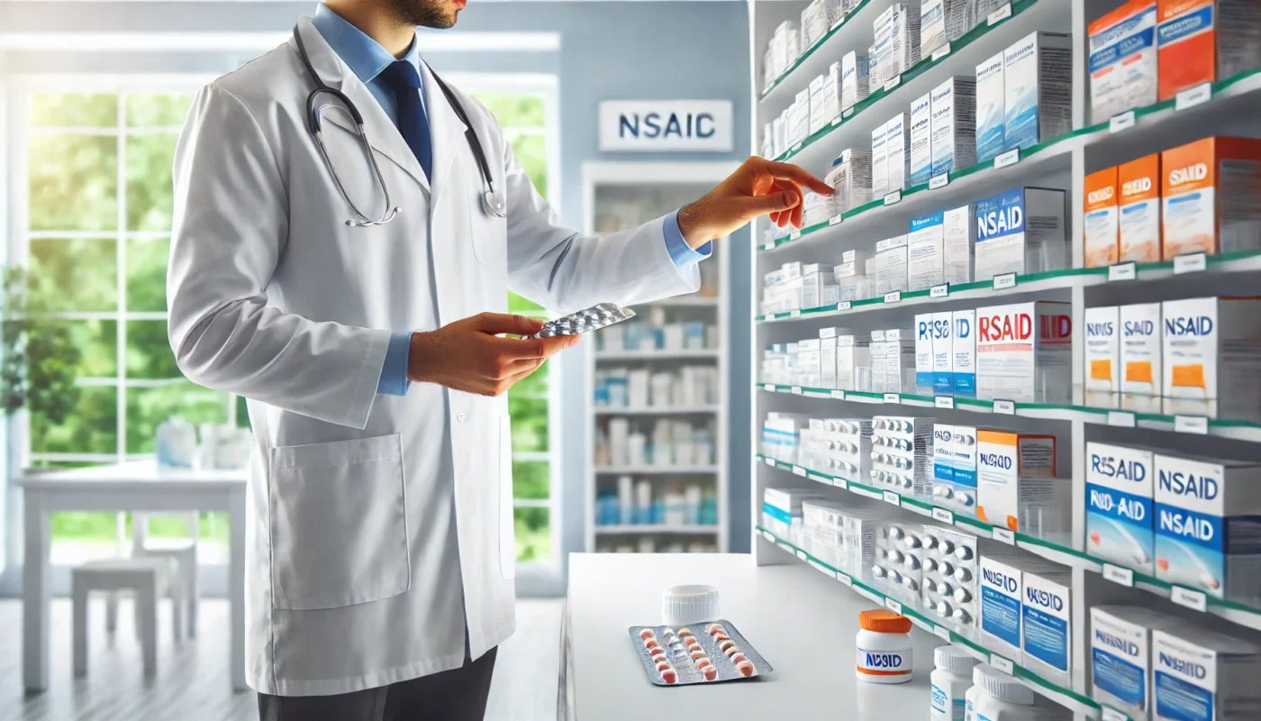 "A bright and modern pharmacy setting with a pharmacist carefully selecting an over-the-counter NSAID medication from a well-organized shelf. The background features a clean, professional environment with various pain relief options displayed neatly."