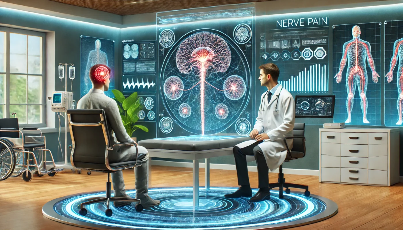 "A futuristic healthcare consultation room where a doctor is explaining nerve pain treatment options to a patient. The setting is modern and professional, with medical charts and digital screens displaying neurological data, emphasizing advanced treatment solutions such as Venlafaxine for nerve pain relief."