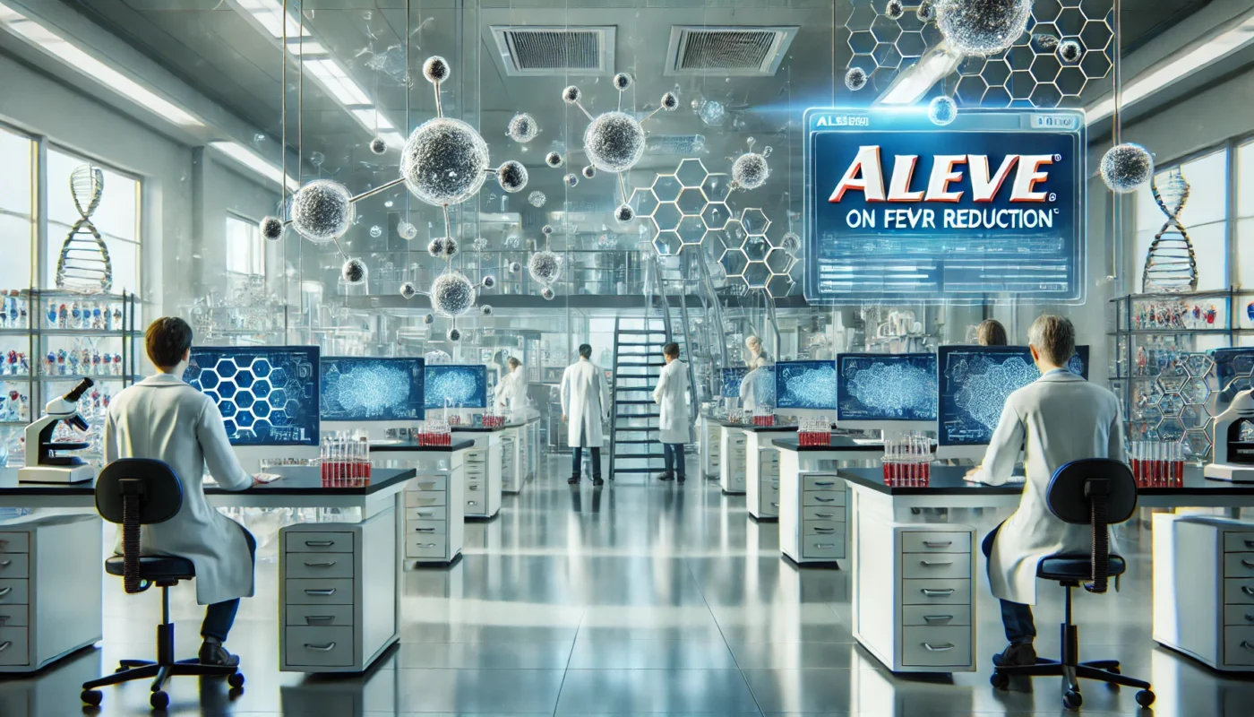 A modern medical research facility where scientists are analyzing the effects of Aleve on fever reduction. The laboratory is high-tech, featuring advanced medical equipment, digital screens displaying molecular structures, and scientists in lab coats conducting detailed research. The environment is professional, sterile, and focused on pharmaceutical advancements.