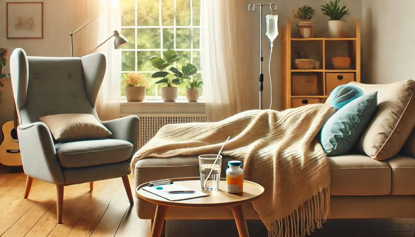 A serene home recovery setting where a patient is resting on a couch with a warm blanket, symbolizing post-surgical pain relief. A small table nearby holds a glass of water and medication, indicating a smooth healing process.