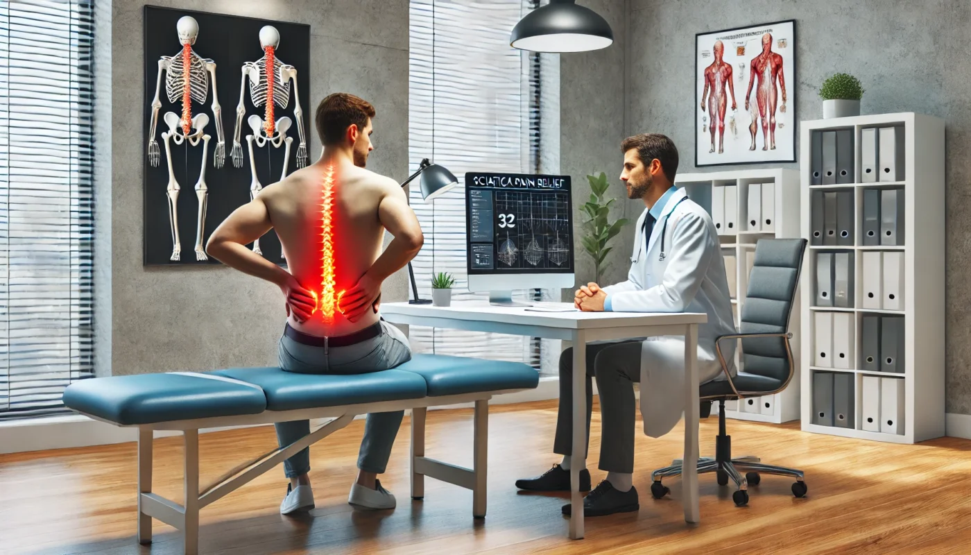 The image captures the decision-making process for sciatica pain management, showcasing the differences between medication options.