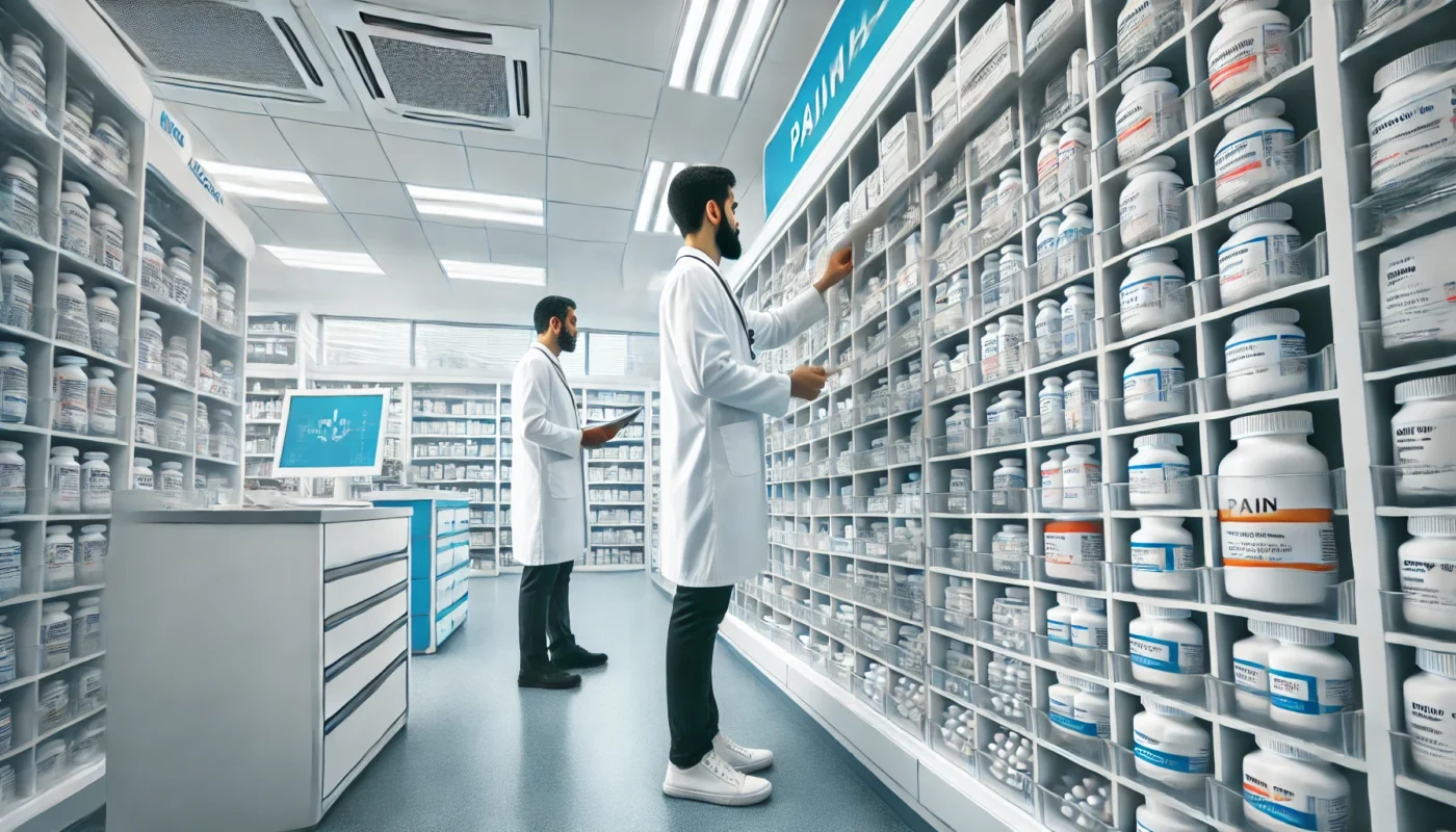  A high-tech hospital pharmacy where a pharmacist is organizing various pain management medications. The setting features a bright, sterile environment with well-labeled medication shelves and a professional pharmacist carefully selecting and preparing pain relief medicine for hospital patients.