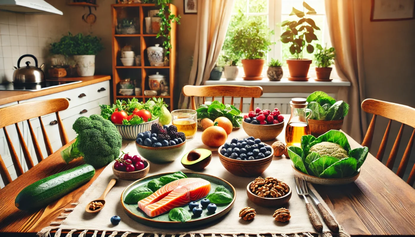 A cozy dining setup featuring a variety of nutrient-rich foods known for their anti-inflammatory properties, such as salmon, berries, walnuts, and green vegetables. The table is set in a warm, well-lit kitchen, emphasizing a healthy diet for back arthritis relief.