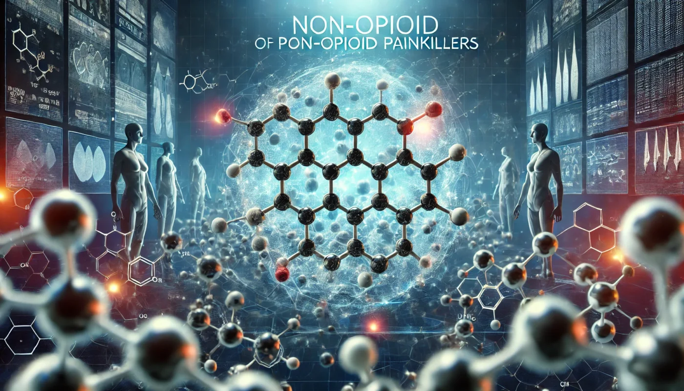 A high-tech laboratory setting showcasing floating molecular structures of non-opioid painkillers. The interconnected, glowing molecules symbolize pharmaceutical advancements in pain management.