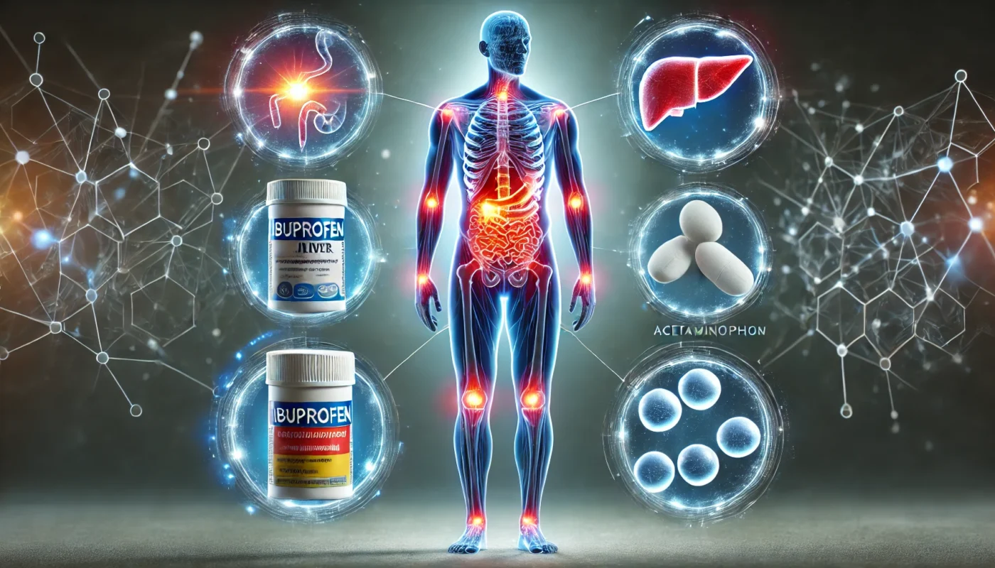 A transparent human silhouette with highlighted pain areas, including the stomach, liver, and muscles. Floating representations of ibuprofen, acetaminophen, and aspirin illustrate their unique pain-targeting mechanisms.