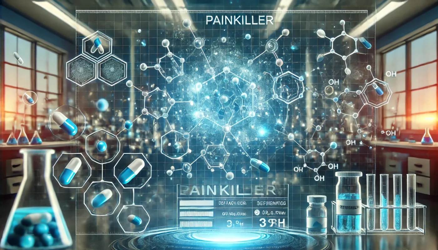  A futuristic digital interface displaying molecular structures of different pain relief medications, with glowing chemical bonds and floating pill visuals. The background features a high-tech laboratory setting, symbolizing pharmaceutical advancements.