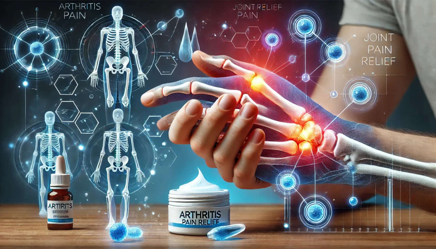 A conceptual medical illustration showing a human hand with highlighted joint pain areas being treated with a soothing ointment. Floating pain-relief molecules and cooling therapy effects symbolize the effectiveness of arthritis ointments.